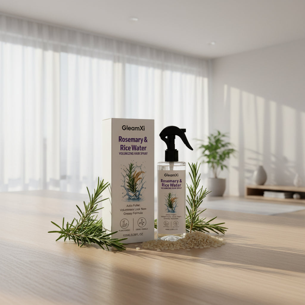GleamXi Rosemary & Rice Water Volumizing Hair Spray shown with its white retail box, a clear spray bottle with a black trigger top, and fresh rosemary sprigs with rice grains on a white background.